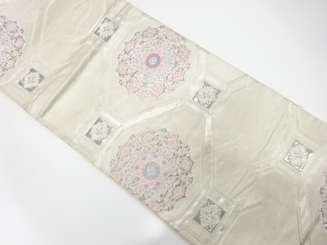 アンティーク　プラチナ二重箔　花蜀江模様織り出し袋帯（材料）